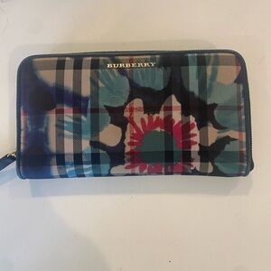 Burberry Blue and Red Floral Check Wallet zip around